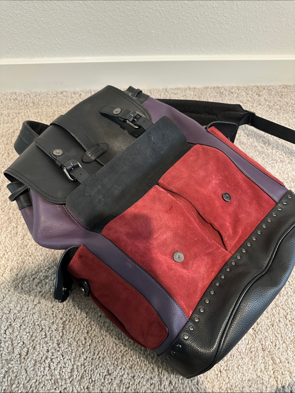 Coach Men's Black, Purple & Red Leather Suede Backpack - Picture 2 of 11
